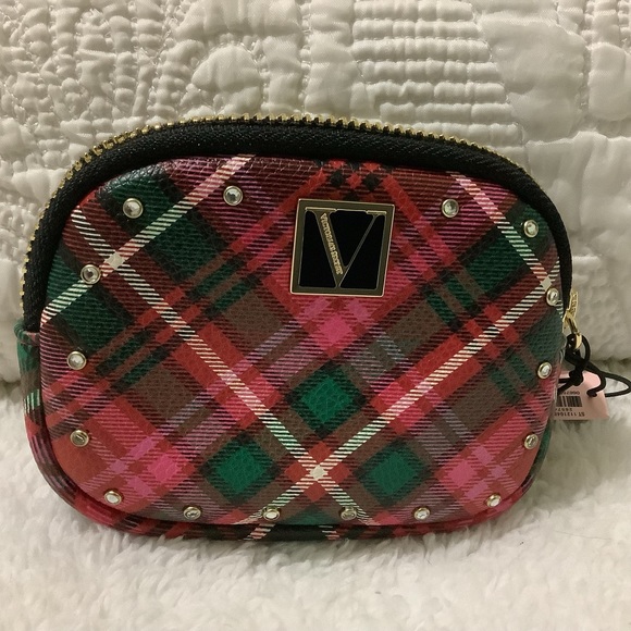 Victorias Secret Plaid Studded Key Chain Ring Essential Pouch Coin Wallet - Picture 1 of 7